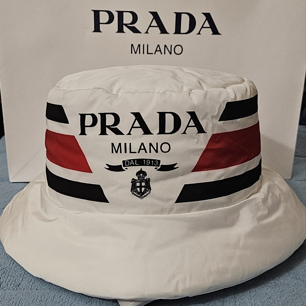 Prada Re-Nylon Logo Printed Padded Bucket Hat, White, S, NWT